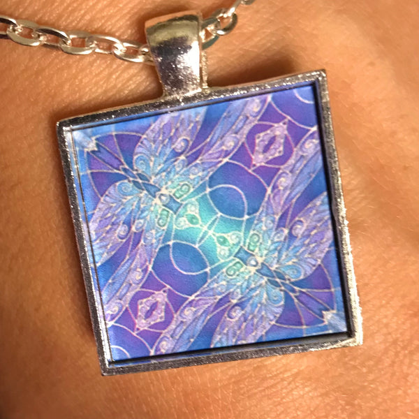Blue Turquoise Twin Dragonflies Necklace - Square Dragonfly Pendant - Affordable gift