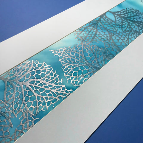 Hydrangea Skeleton Leaves Original Silk Painting - Frosty Blues Hand-Painted Silk Art