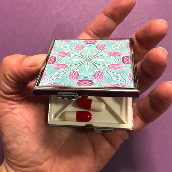Pretty Pink & Sky Blue Magnolias Large Pill Box - Stud Earing Jewellery Box