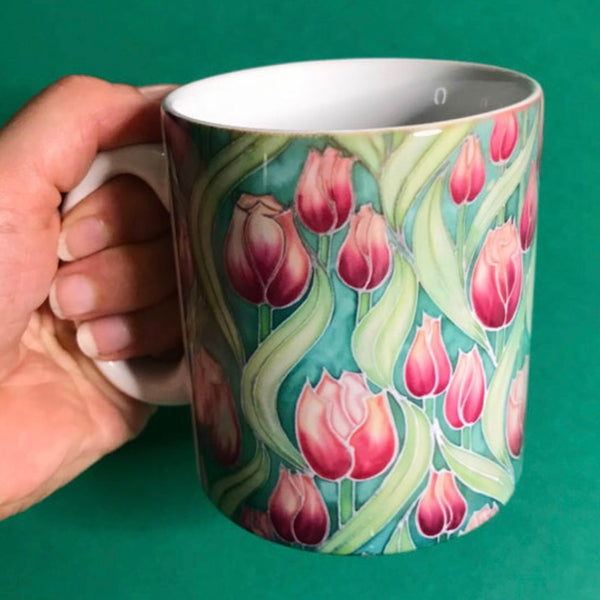 Pink Tulips mug - Mug and coaster box set - Flower Mug In Pink and Green - Mug Gift Set