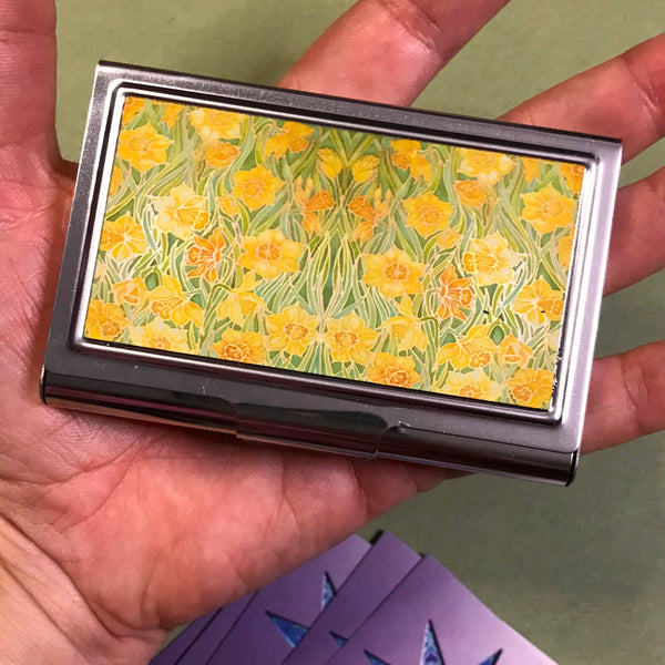 Daffodils business card holder - yellow green introduction card case