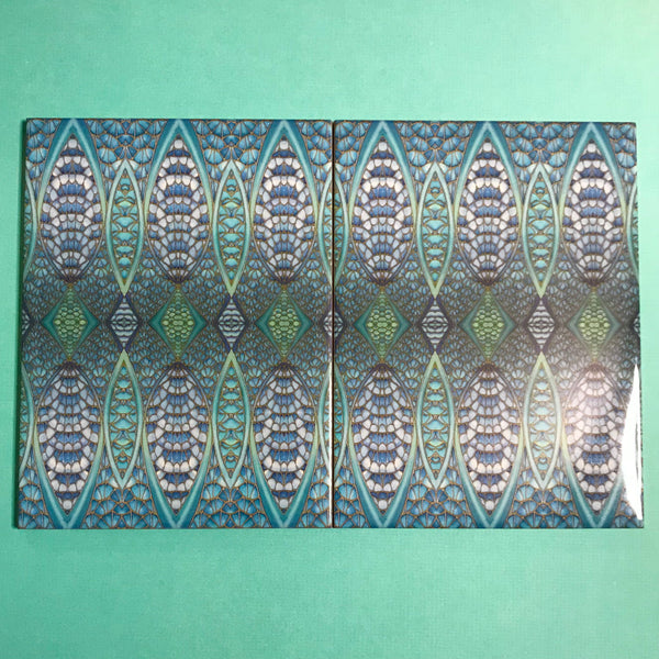 6x8” Blue Teal Green Oriental Futuristic Tiles -  Contemporary Bohemian Ceramic printed  Tiles