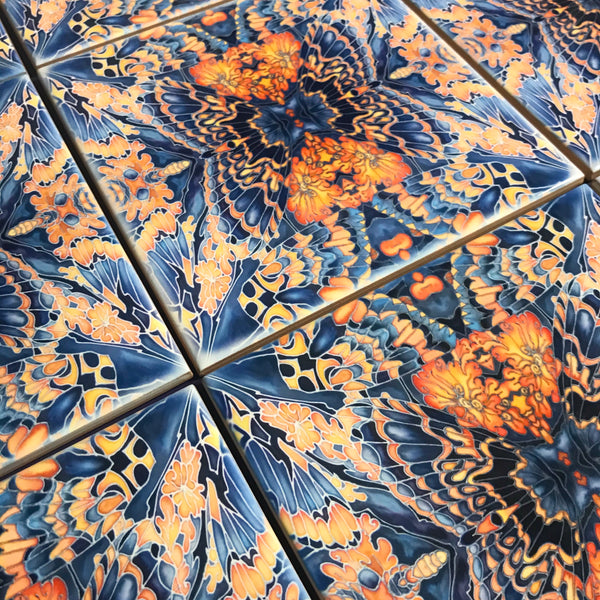 Contemporary Butterfly Tiles - Bold Orange Blue & Grey Ceramic Tiles - Beautiful Bohemian Printed Tiles