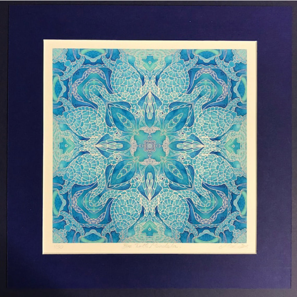 Blue Turtle Mandala Signed Print - Sea life Art - Blue Turtles Bathroom Art