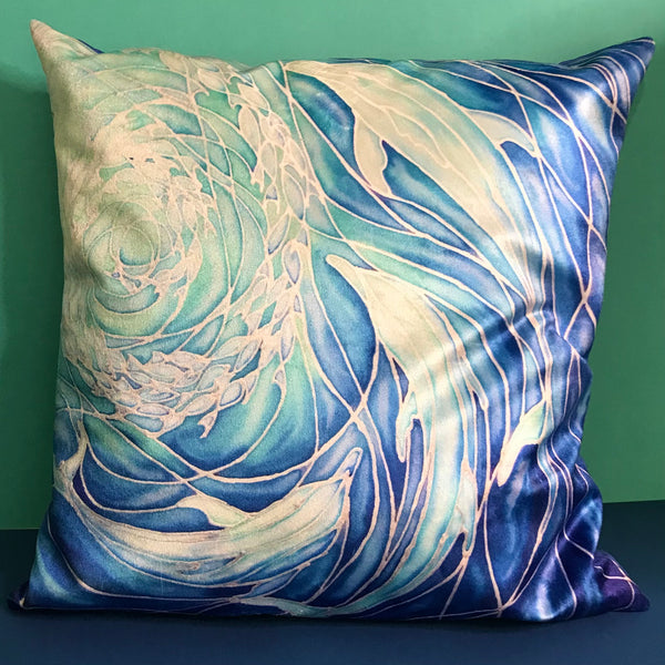 Blue Aqua Dolphins Cushion - Ultramarine Turquoise Chenille Fabric - Intricate pattern pillow