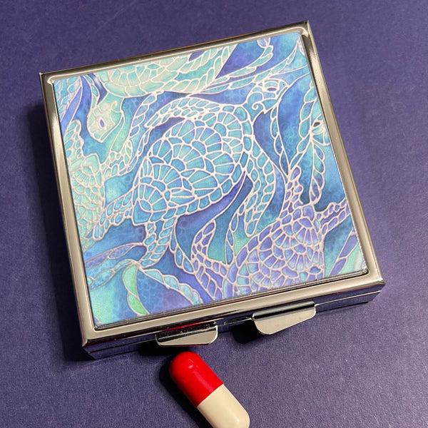 Blue Aqua Turtle Sea Large Pill Box - Stud Earing Jewellery Box