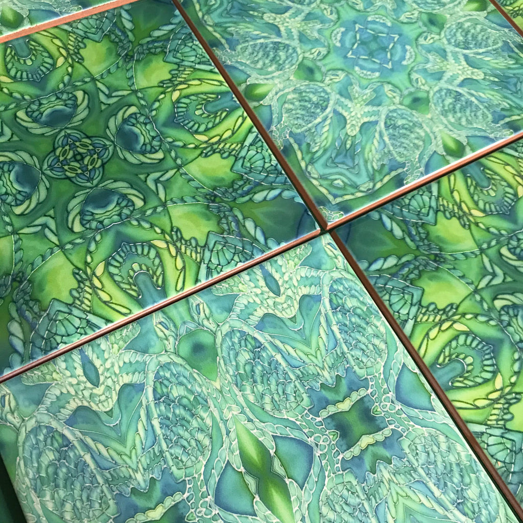 Green Turtle Kaleidoscope Mixed Tiles Set - Teal Mint Lime Tiles - Beautiful Tile - Bohemian Tiles