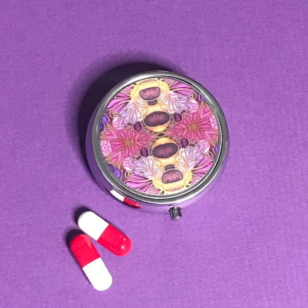 Pink Purple Honey Bee Compact Pill Box - Stud Earing Jewellery Box