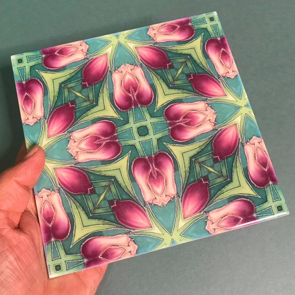 Nouveau Rich Pink Tulips Tiles. Arts and Crafts look Bathroom Tiles or Kitchen Tiles