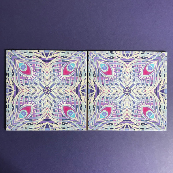 Lavender Peacock Feathers Tiles - Blue Lilac Tiles  - Bohemian Nouveau Ceramic Hand Printed Tiles