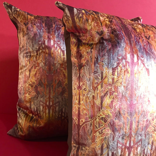 Autumn Whispers Trees Luxury Velvet Cushion- Contemporary Russet Beaujolais Terracotta Grey Throw Pillow - Luxury Velvet Cushion