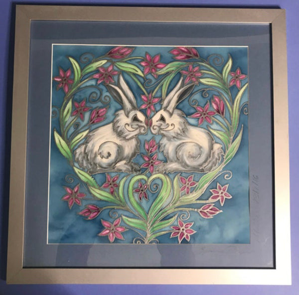 SOLD Love Bunnies Original Silk Painting - hand painted silk Ram - contemporary blues and greys