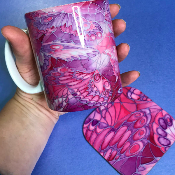 Beautiful Pink Butterfly Mug - Mug and Coaster Box Set - Gift for Her