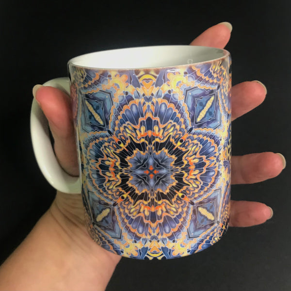 Gorgeous Orange Grey Blue Kaleidoscope Mug and Coaster box set only - Contemporary Mug Set - Grey Blue Orange Mug Gift