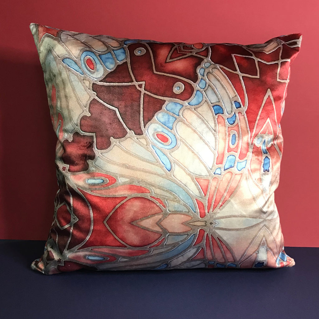 Blue Rust Butterfly Velvet Cushion - Luxury Velvet Throw Pillow - Bold pattern butterfly pillow