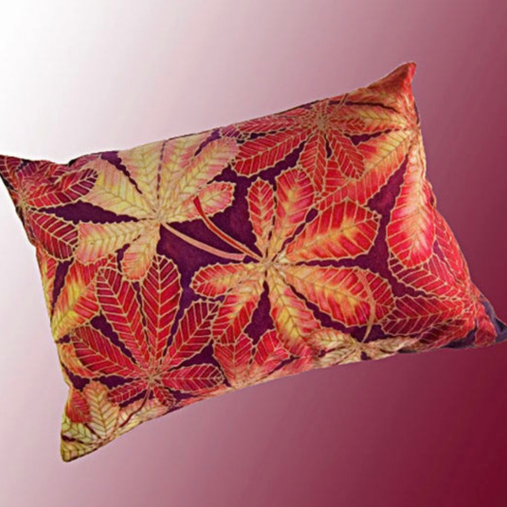 Red Horse Chestnut Leaves Cushion - red yellow chocolate colours - Chestnut Leaves Pillow