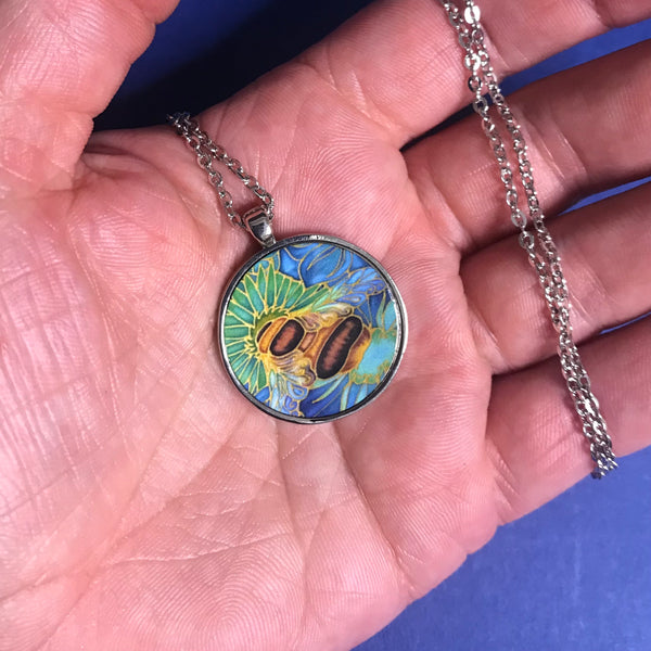 Bumble Bee Necklace - Honey Bee and Flowers Pendant - Affordable gift