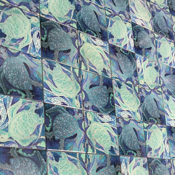 Blue Aqua Turtle Mix Small 4.25” Square Tiles -  Ceramic Bathroom Kitchen Hand Printed Tiles