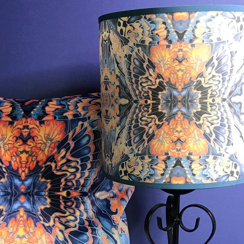 Contemporary Grey Blue Orange Butterfly Moth Lamp shade - Butterfly Moth Drum Shade - Atmospheric lamp Shade