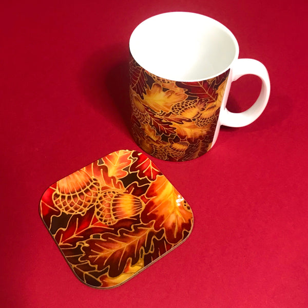 Autumnal Oak Leaves and Acorns Mug - Mug and Coaster Box Set - Red Mug Set - Leaves Mug Gift