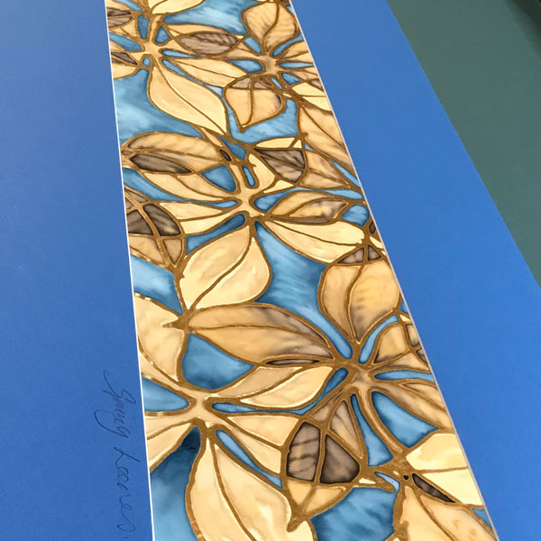 Beech Leaves Original Silk Painting -   Blue Caramel Gold Hand-Painted Silk Art -