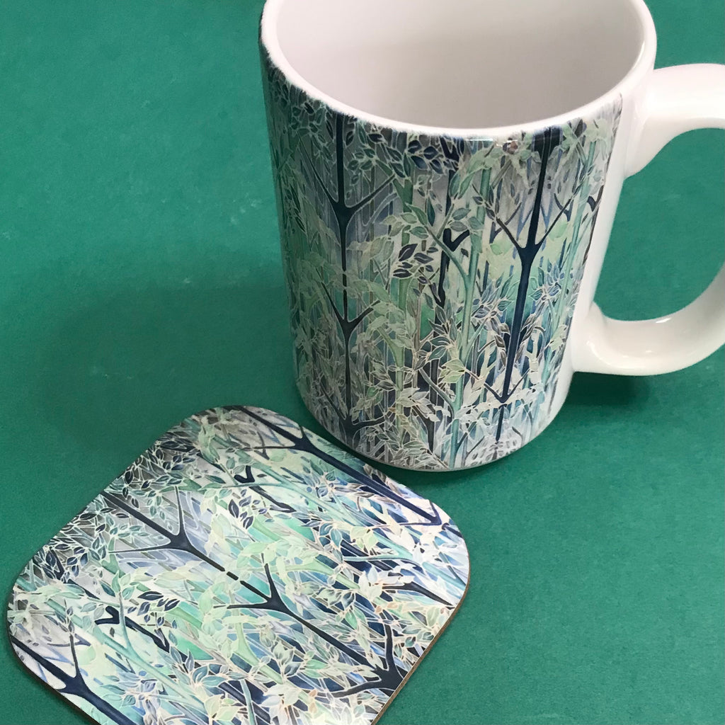 Tranquil Extra Large Mug Green Teal Blue Forest Meditation Extra Large Mug and Coaster - Woodland Mug Set - Mug Gift