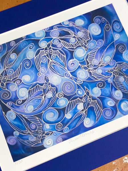 Swooping Swallows Print - Deep Blue Art Print -  Flying Swallows Bird Print - Wildlife Art