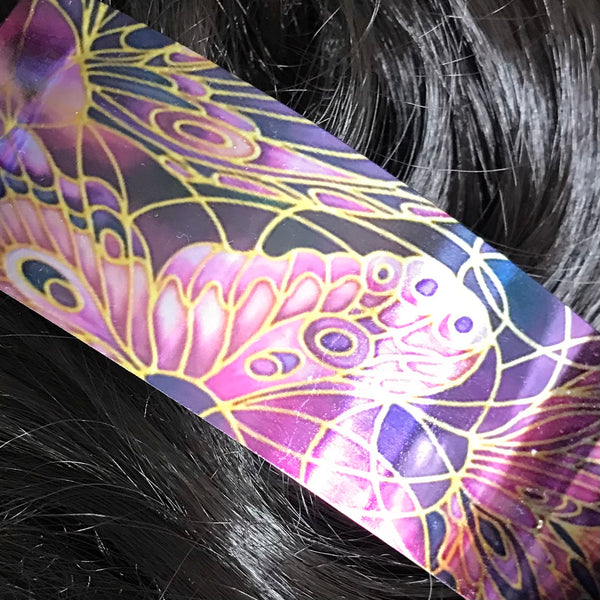 Plum Butterflies Large Hair Clip - Shiny Patterned Hair Barrette