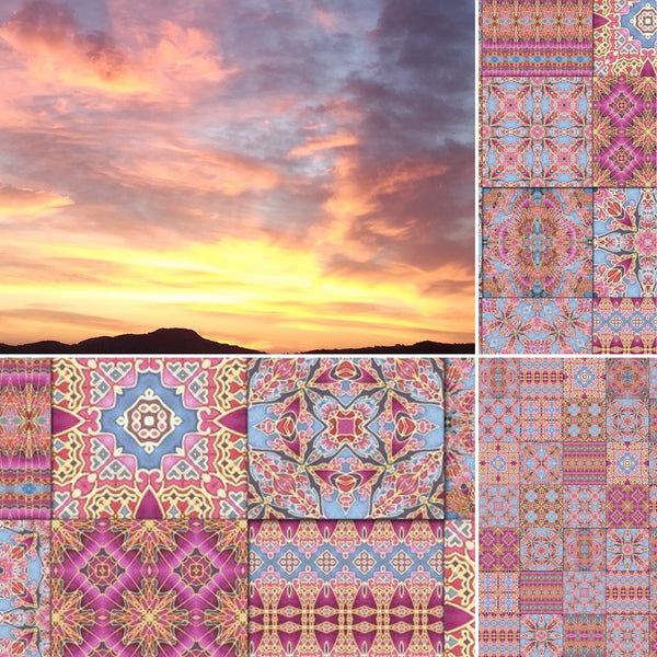 Pink Sunset Inspired Set of 20 Ceramic Tiles - Bohemian Blue Pink and Gold Warm Gentle Bohemian Kitchen Tiles