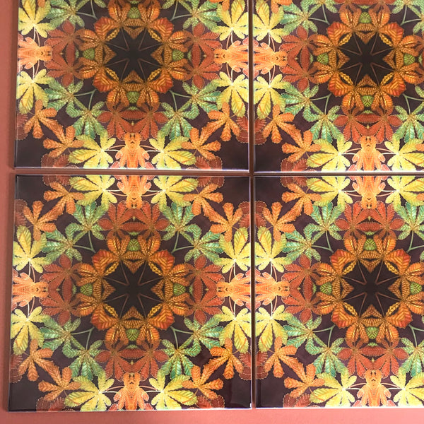 Nouveau Style Horsechestnut Leaf Tiles - Beautiful Green Rust Chocolate Tiles - Bohemian Ceramic hand printed  Tiles