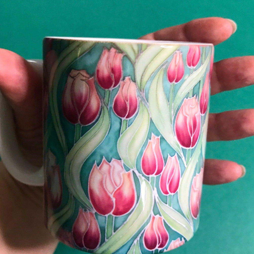 Pink Tulips mug - Mug and coaster box set - Flower Mug In Pink and Green - Mug Gift Set