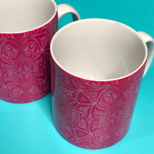 Bright Pink Patterned Heart  mug and coaster set or mug only -Mug Set -  Mug Gift