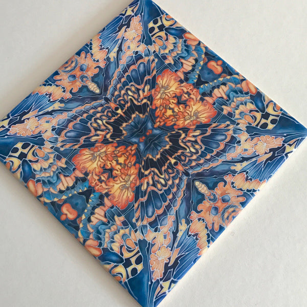 Contemporary Butterfly Tiles - Bold Orange Blue & Grey Ceramic Tiles - Beautiful Bohemian Printed Tiles