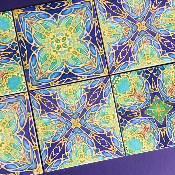 Italian Style Flowers Mixed Tiles Set - Blue Green Gold Tiles - Beautiful Bohemian Tiles