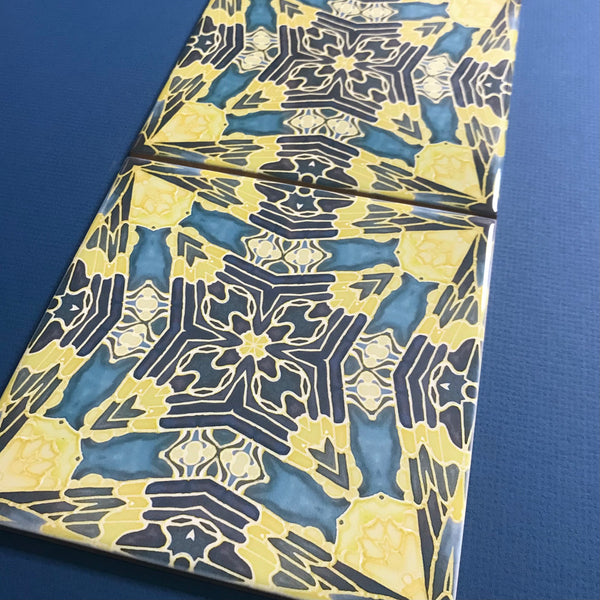 Contemporary Butterfly Moth Tiles - Primrose Yellow & Petrol Blue Ceramic Tiles - Beautiful Bohemian Printed Tiles