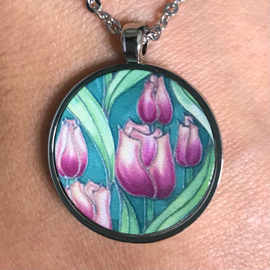 pretty pink tulips pendant necklace