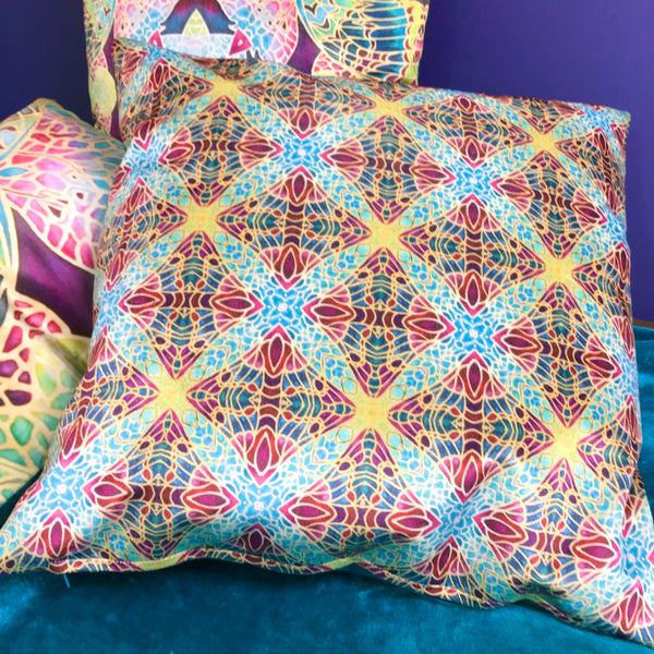 Teal Green & Red Diamond Repeat Pattern Kaleidoscope Cushions in Luxury Velvet