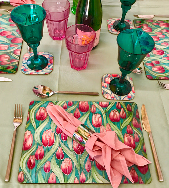Tulip Field Table Mats and Coasters - Pink green Place mats and coasters - Tableware pink Tulips