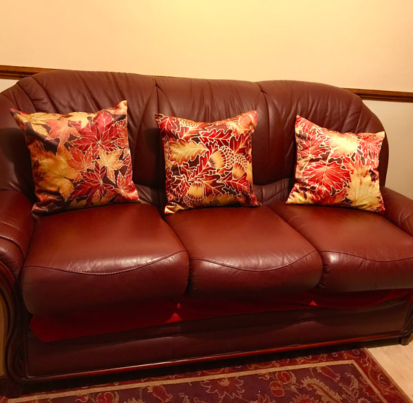 Autumnal Leaves Cushion Set - Reds Yellow Velvet Cushions - Four Leaves Designs by Meikie