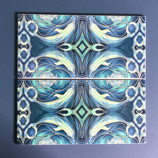Blue Teal Dolphin Rectangular Tiles -  Ceramic Metro Brick Shaped Hand Printed Bathroom Kitchen Tiles