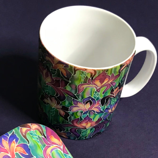 Purple Irises mug - Mug and coaster box set - Flower Mug In Purple  and Green - Mug Gift Set Colours