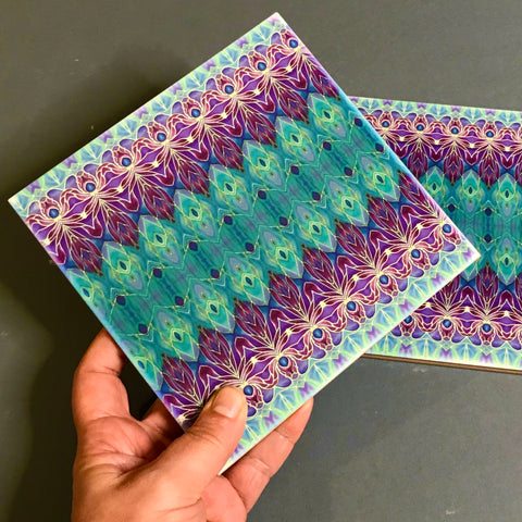 Turquoise Blue and Purple Persian  Style Bathroom Tiles - Bohemian Kitchen Tiles - Orchid Repeat Decorative Tiles