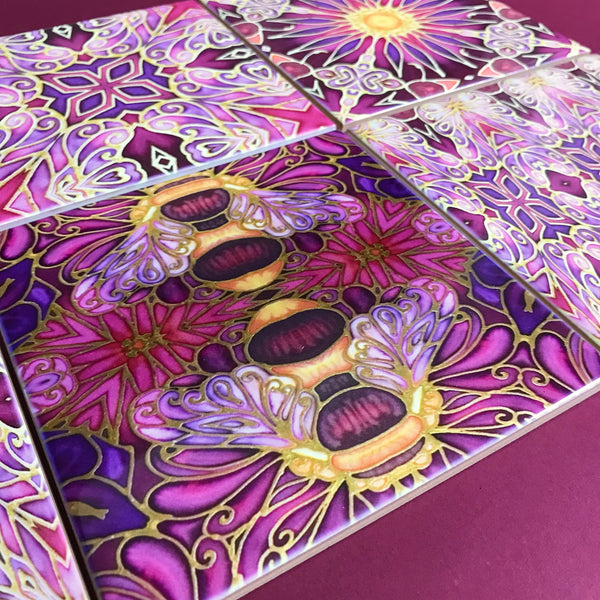 Bees and Flowers Mixed Tiles Set - Plum Purple Gold Tiles - Beautiful Tile - Bohemian Tiles