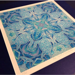 Blue Turtle Mandala Signed Print - Sea life Art - Blue Turtles Bathroom Art