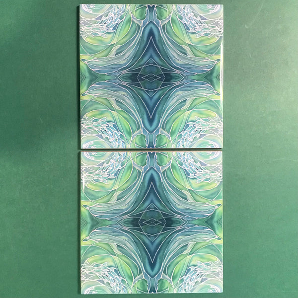 Sea Green Dolphins Ceramic Tiles -  Green Bathroom Kitchen Hand Printed Tiles