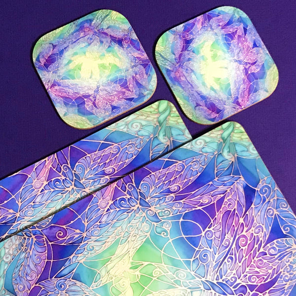 Table Mats Blue Dragonflies - Blue Green Purple Placemats - Blue Dragonfly Coasters