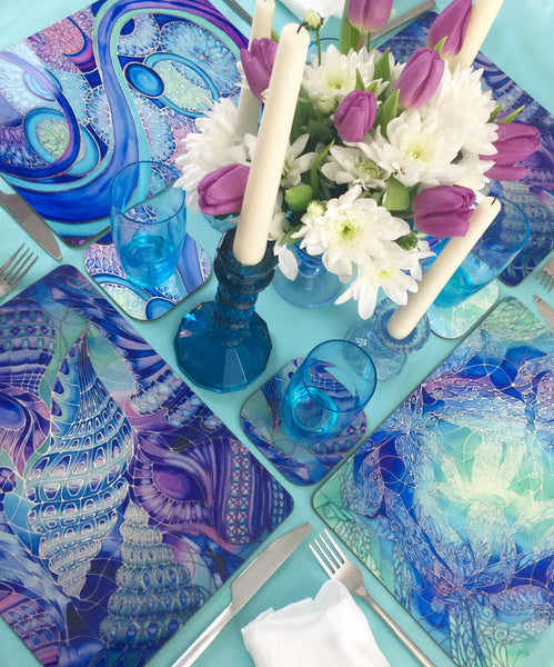 Blue Table Mats & Coasters - blue green purple placemats - Blue Glass Chopping boards