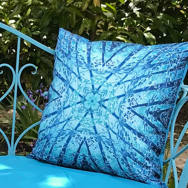 Blue Teal Mint Kaleidoscope Trees Showerproof Cushion - Showerproof Garden Cushions - Blue green turquoise Cushion