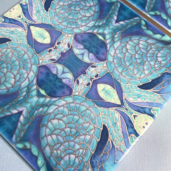 Four Dancing Turtles Blue Ceramic Tiles -  Ceramic Hand Printed Tiles