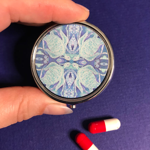 Blue Green Turtles Pill Box - Pretty Art Nouveau Style Blue Round Box - Stud Earing Jewellery Box